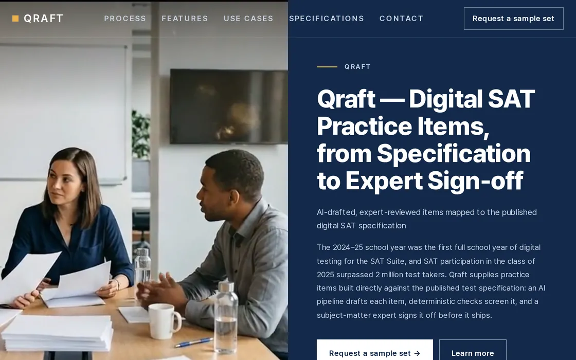 A brochure made with LabChure. A photo on the left; the title, a short line and a contact button on the right.