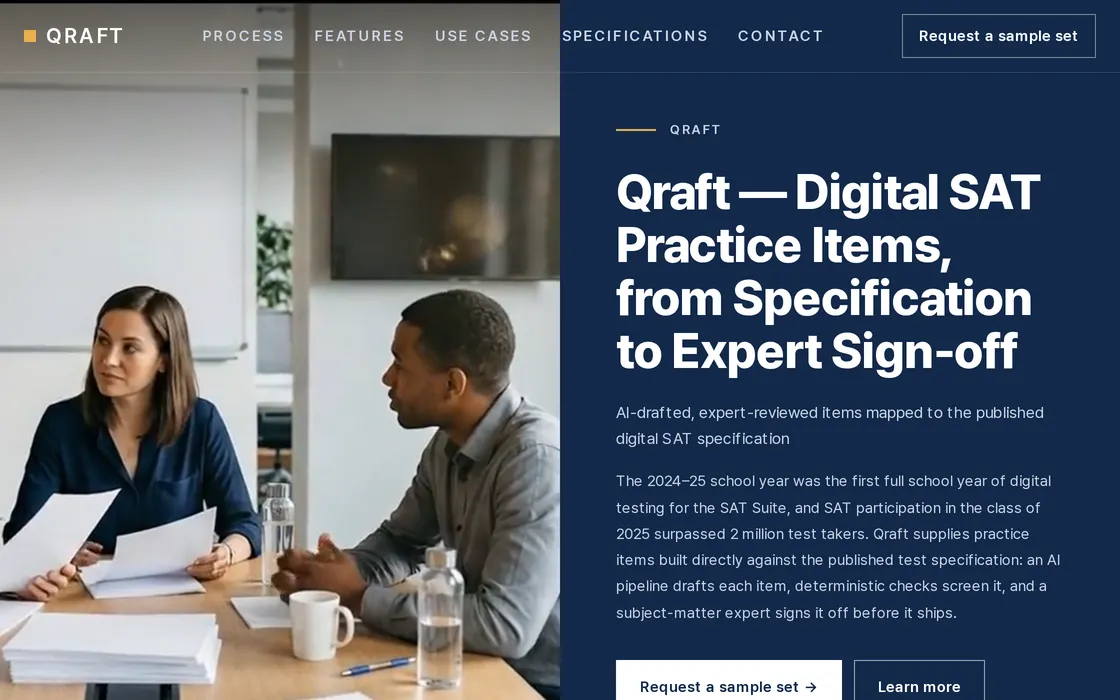 A brochure made with LabChure. A photo on the left; the title, a short line and a contact button on the right.