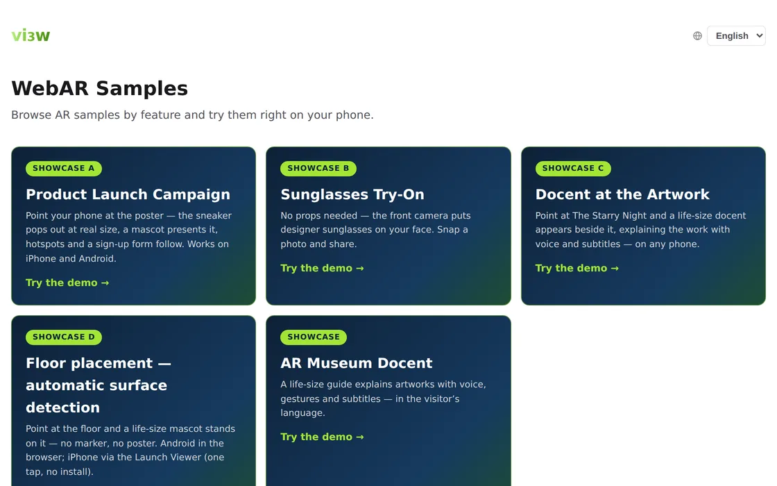 The WebAR sample list on ar.vi3w.net. One card per feature, each opening directly.