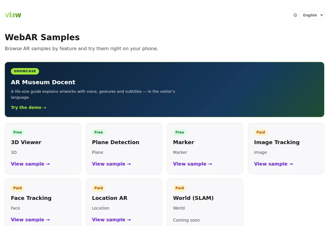The WebAR sample list on ar.vi3w.net, one card per feature.